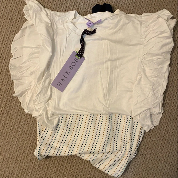 Hale Bob soft pajamas. Bottoms are offwhite with polka dots w/ a ruffled top. - Picture 2 of 7